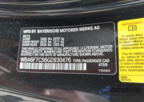 2016 BMW 650I xDrive from USA, damaged, VIN WBA6F7C56GD930476